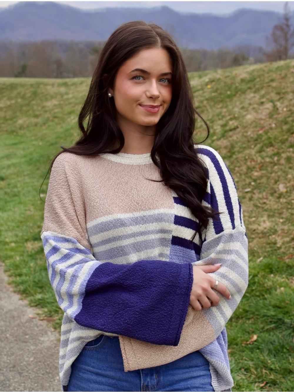 New Me Striped Colorblock Bell Sleeve Sweater Size Medium